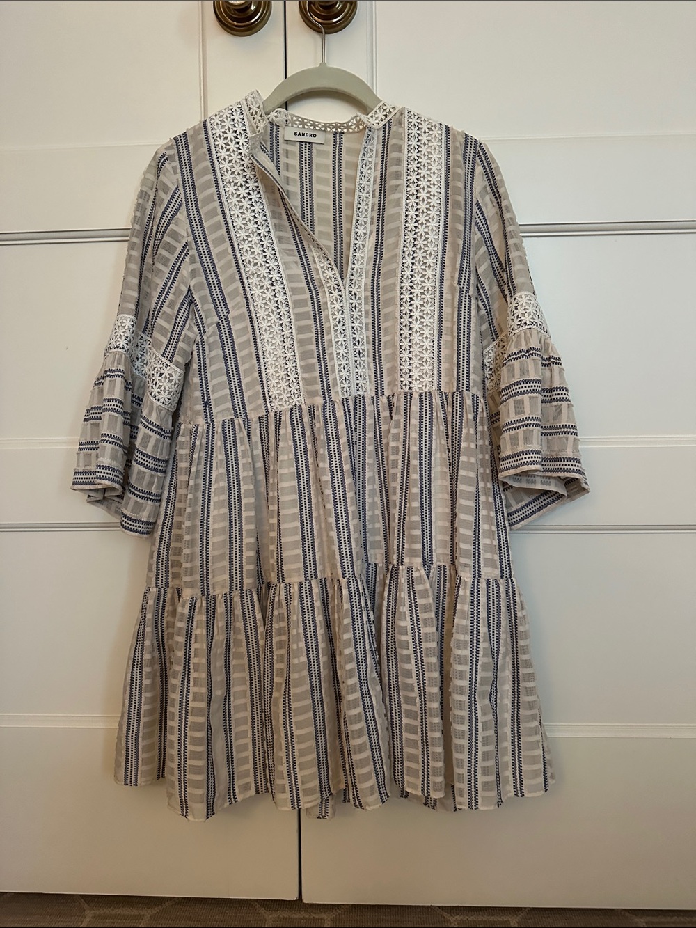 Sandro Beige and Navy Striped Cotton Tiered Tunic Dress